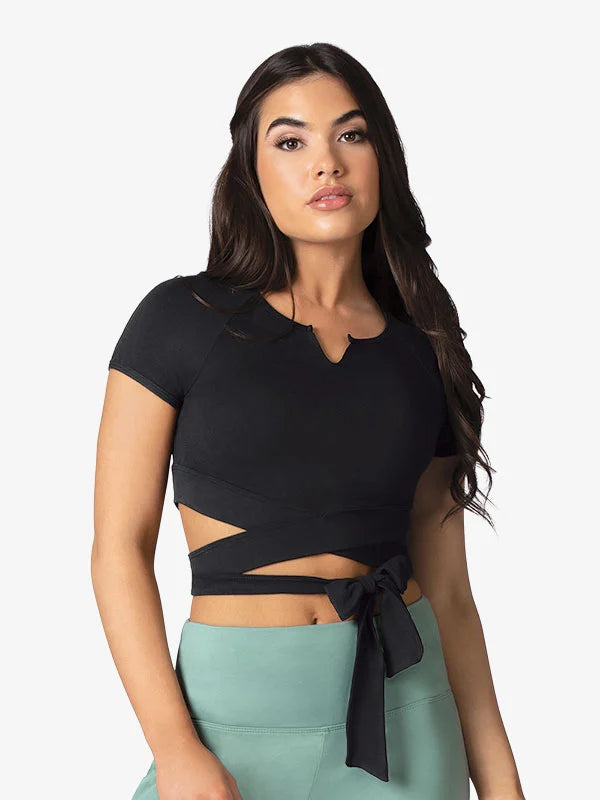 Ladies Short Sleeve Butter-Soft Wrap Waist Crop Top